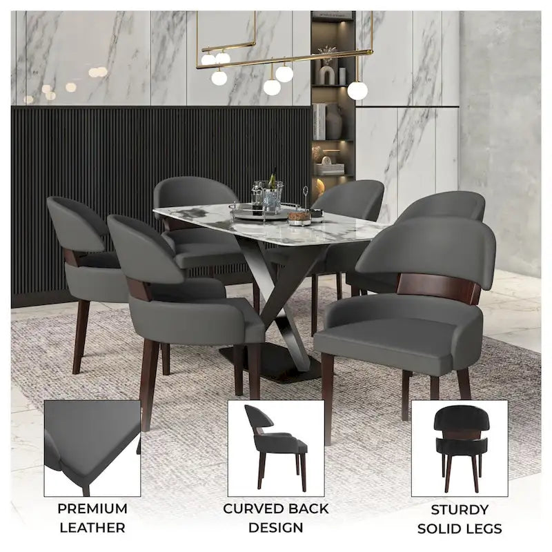 Silla de comedor con respaldo curvo de cuero vegano blanca / negra / visón / gris, patas de madera de caucho, asiento individual