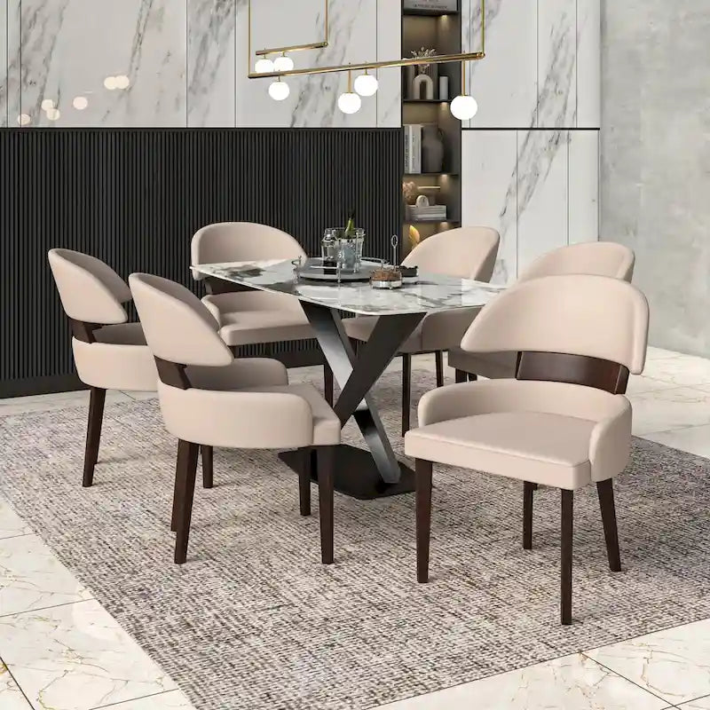 Silla de comedor con respaldo curvo de cuero vegano blanca / negra / visón / gris, patas de madera de caucho, asiento individual