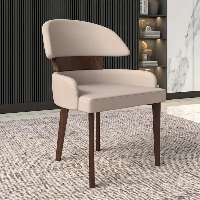 Silla de comedor con respaldo curvo de cuero vegano blanca / negra / visón / gris, patas de madera de caucho, asiento individual