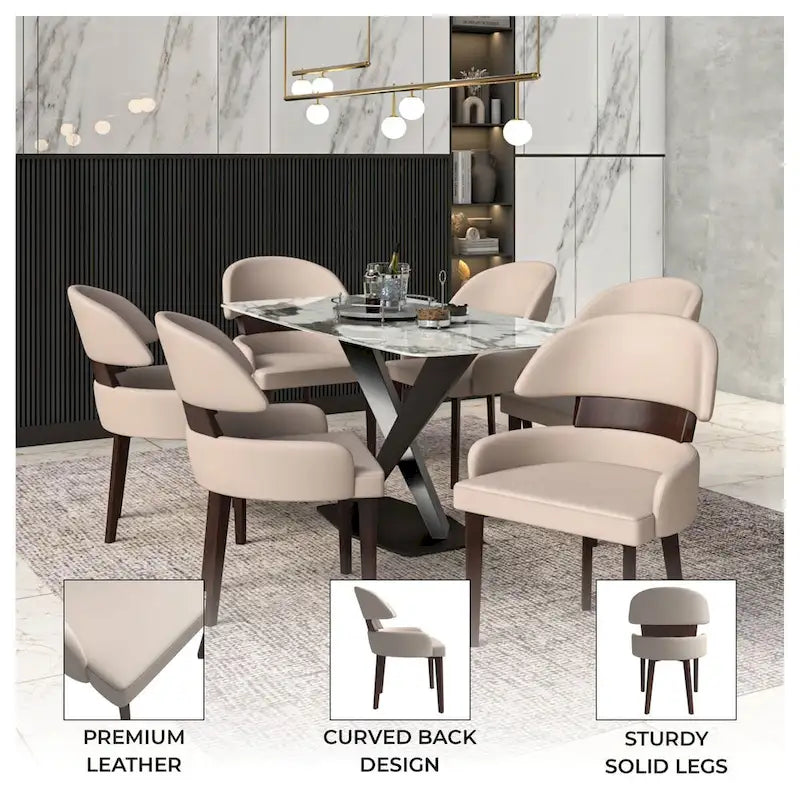 Silla de comedor con respaldo curvo de cuero vegano blanca / negra / visón / gris, patas de madera de caucho, asiento individual