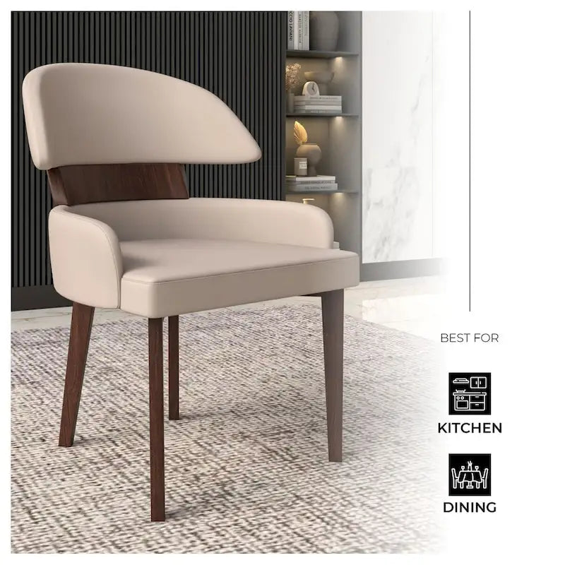 Silla de comedor con respaldo curvo de cuero vegano blanca / negra / visón / gris, patas de madera de caucho, asiento individual