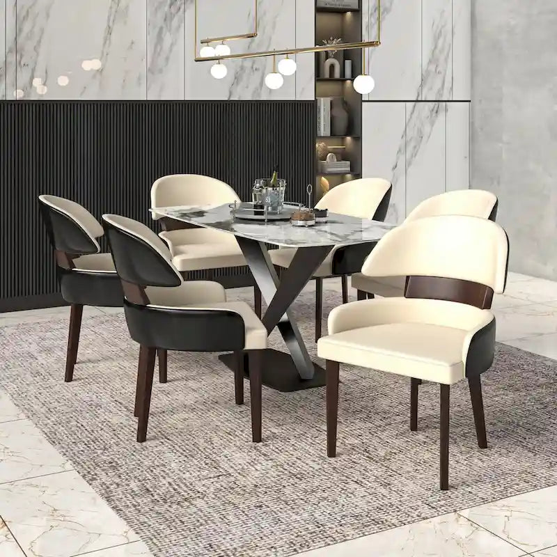 Silla de comedor con respaldo curvo de cuero vegano blanca / negra / visón / gris, patas de madera de caucho, asiento individual