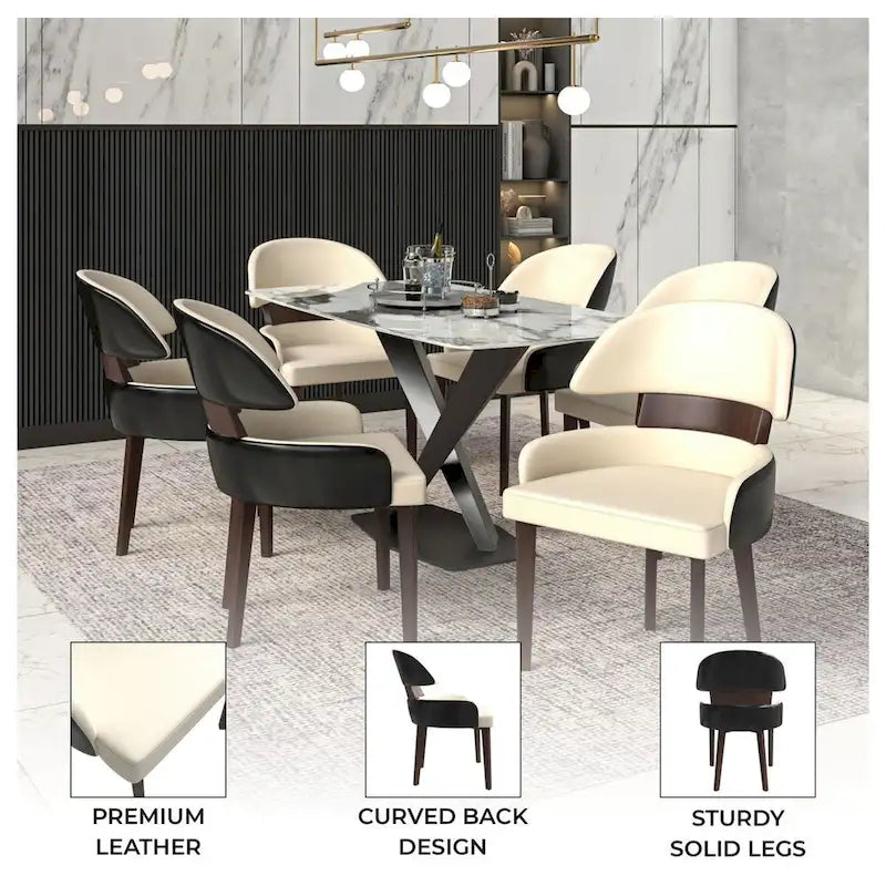 Silla de comedor con respaldo curvo de cuero vegano blanca / negra / visón / gris, patas de madera de caucho, asiento individual