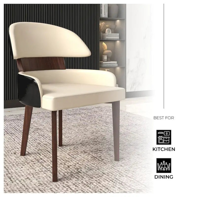 Silla de comedor con respaldo curvo de cuero vegano blanca / negra / visón / gris, patas de madera de caucho, asiento individual