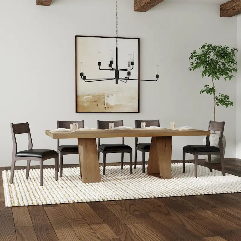 Mesa de comedor de roble natural recuperado con base geométrica, para 8 personas