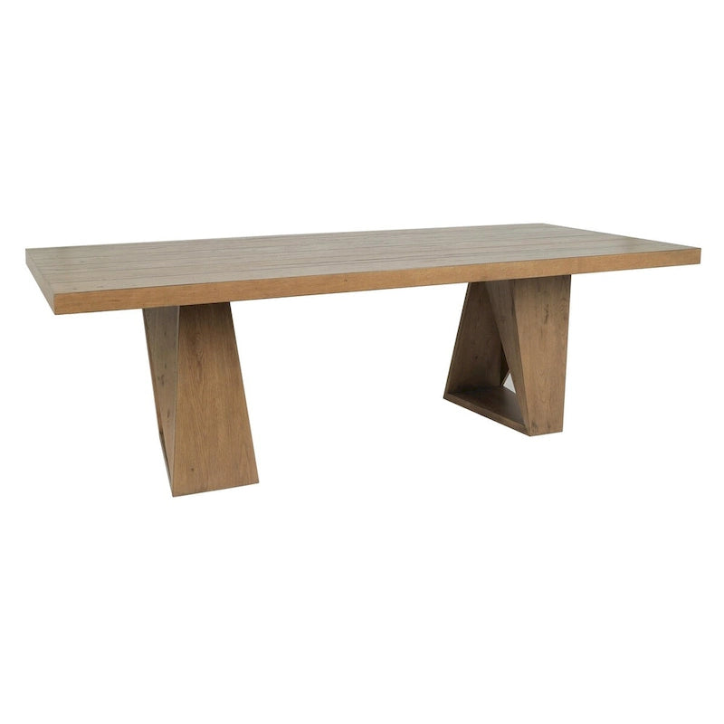 Mesa de comedor de roble natural recuperado con base geométrica, para 8 personas