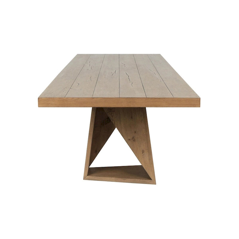 Mesa de comedor de roble natural recuperado con base geométrica, para 8 personas