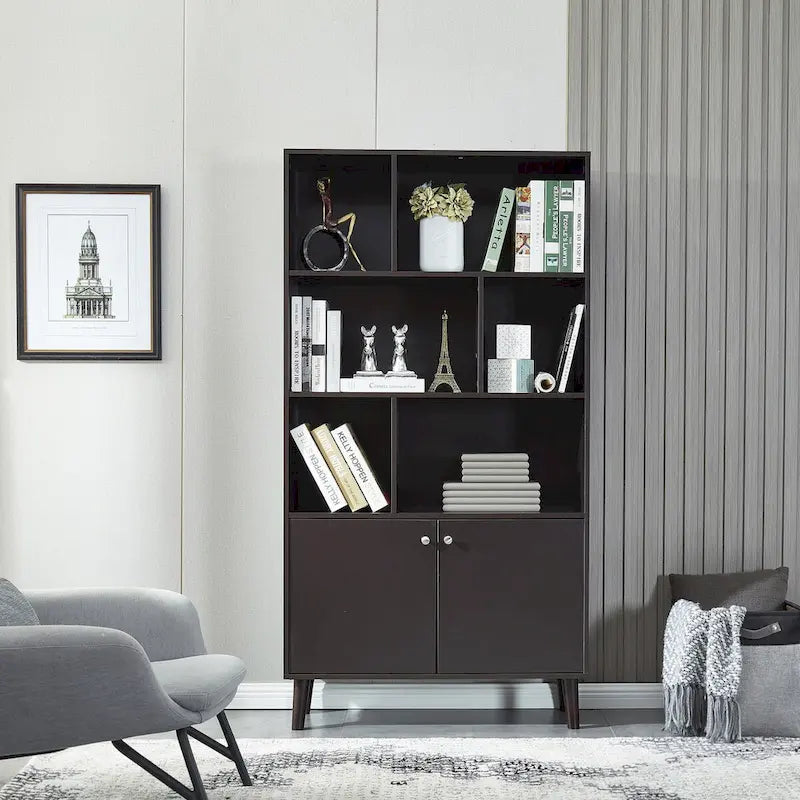 Estantería con puertas de café/roble/nogal, mueble de almacenamiento abierto de 3 estantes
