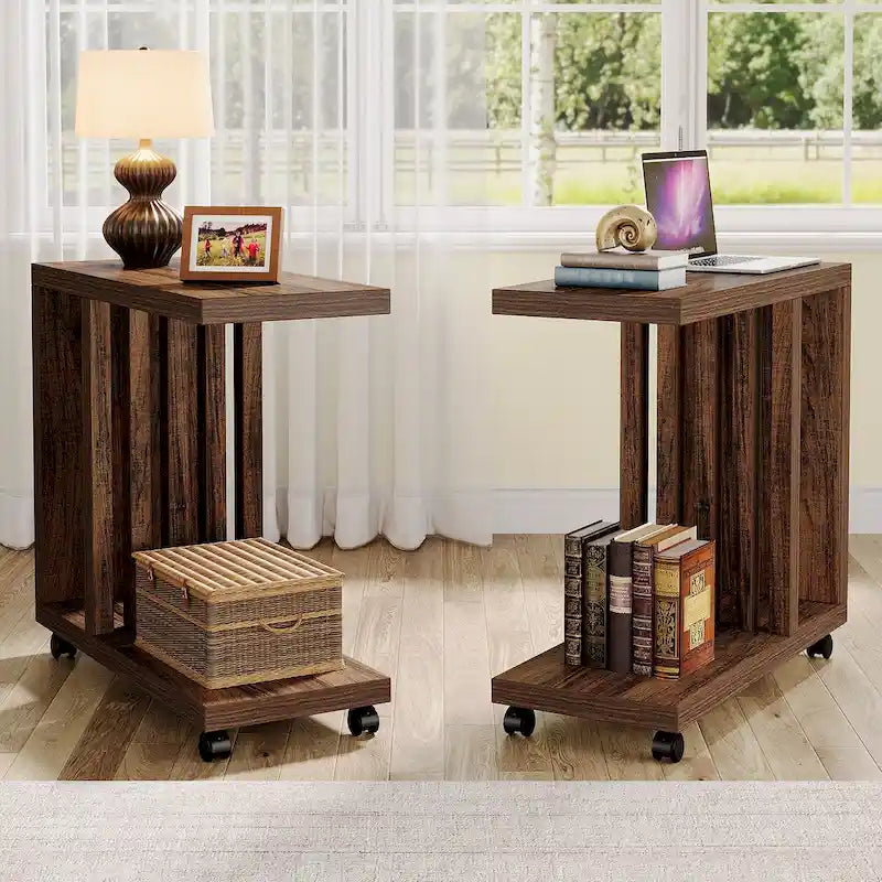 Mesa auxiliar con ruedas industrial en forma de C marrón, 1–2 asientos