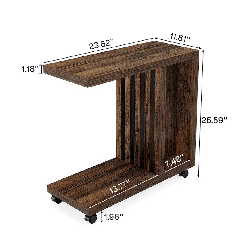 Mesa auxiliar con ruedas industrial en forma de C marrón, 1–2 asientos
