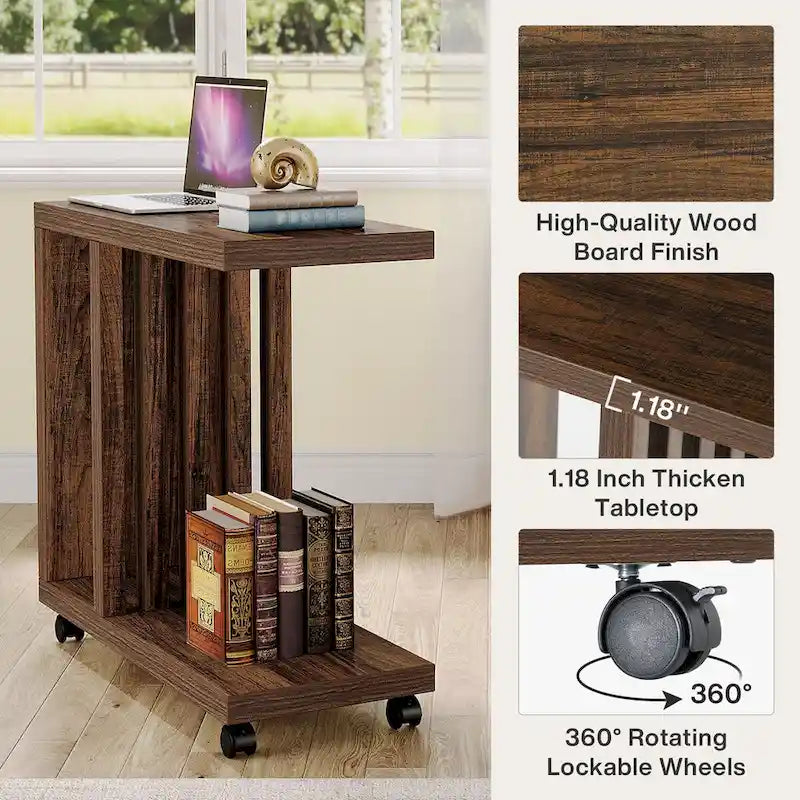 Mesa auxiliar con ruedas industrial en forma de C marrón, 1–2 asientos