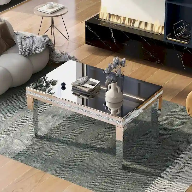 Mesa de centro de cristal con espejo plateado para sala de estar