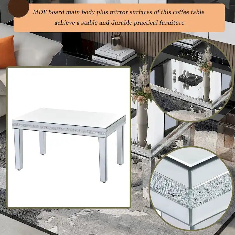 Mesa de centro de cristal con espejo plateado para sala de estar