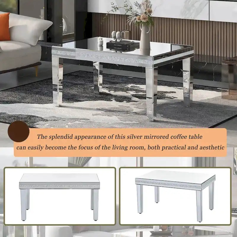 Mesa de centro de cristal con espejo plateado para sala de estar