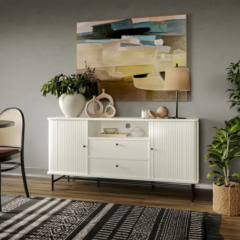 Aparador bufé curvo marrón claro/blanco con puertas de persiana, mueble de almacenamiento moderno