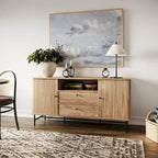 Aparador bufé curvo marrón claro/blanco con puertas de persiana, mueble de almacenamiento moderno