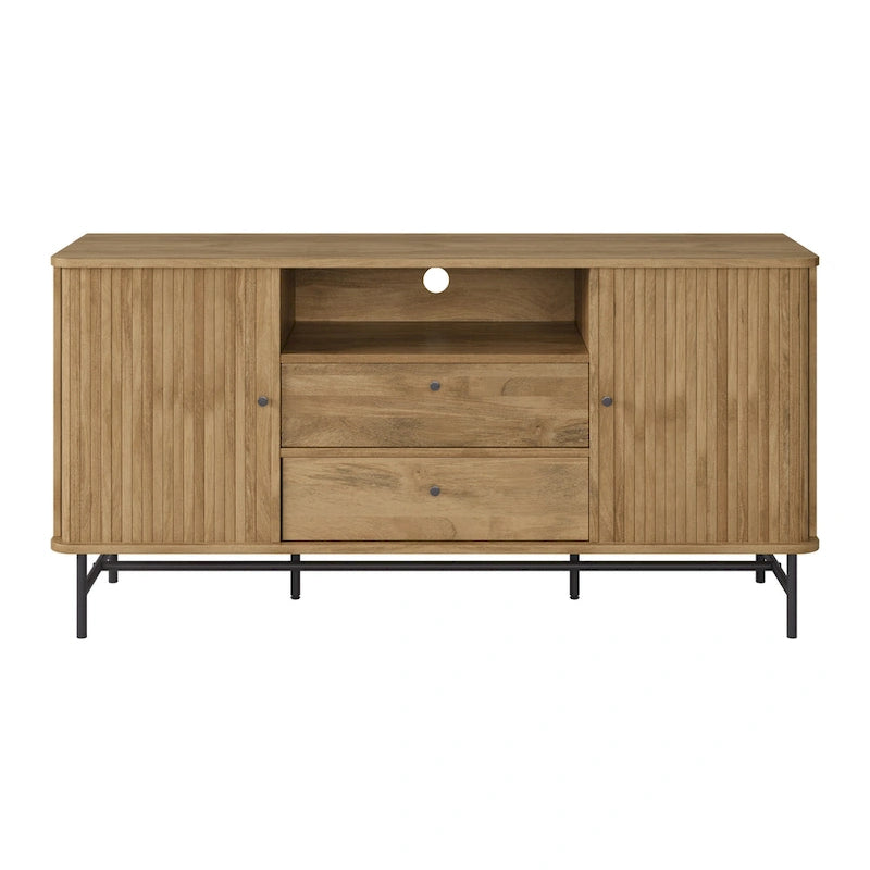 Aparador bufé curvo marrón claro/blanco con puertas de persiana, mueble de almacenamiento moderno
