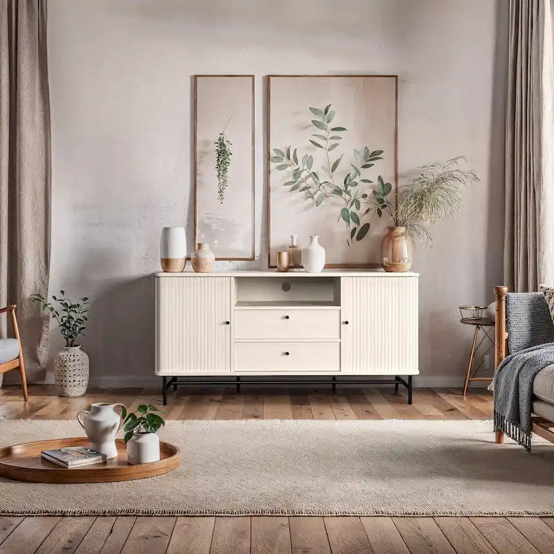 Aparador bufé curvo marrón claro/blanco con puertas de persiana, mueble de almacenamiento moderno