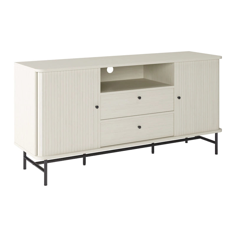 Aparador bufé curvo marrón claro/blanco con puertas de persiana, mueble de almacenamiento moderno