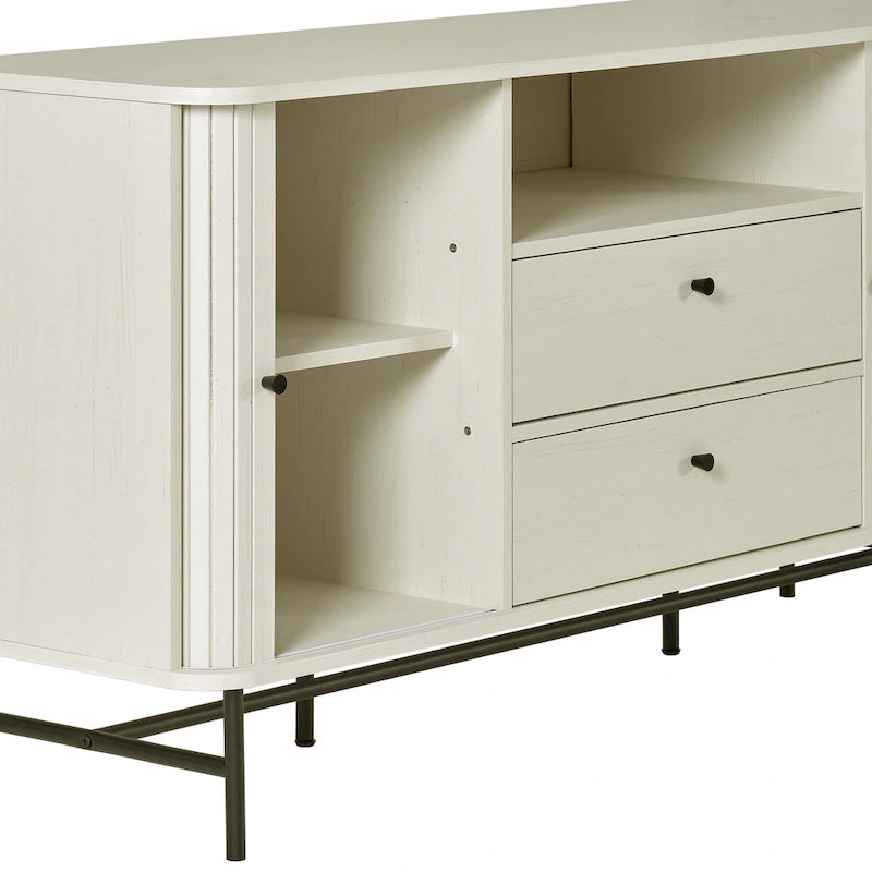 Aparador bufé curvo marrón claro/blanco con puertas de persiana, mueble de almacenamiento moderno