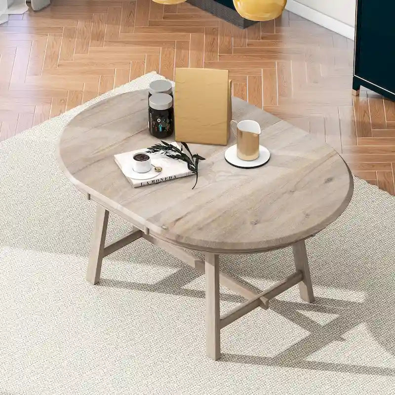 Mesa de comedor redonda extensible, acabado lavado gris/madera natural, estilo rústico moderno, capacidad para 4 personas