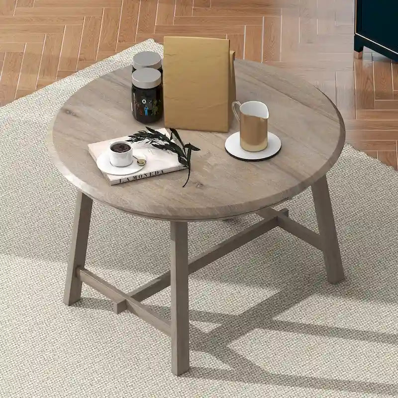Mesa de comedor redonda extensible, acabado lavado gris/madera natural, estilo rústico moderno, capacidad para 4 personas