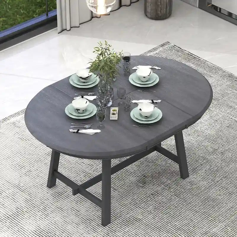 Mesa de comedor redonda extensible, acabado lavado gris/madera natural, estilo rústico moderno, capacidad para 4 personas