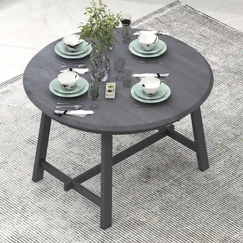 Mesa de comedor redonda extensible, acabado lavado gris/madera natural, estilo rústico moderno, capacidad para 4 personas