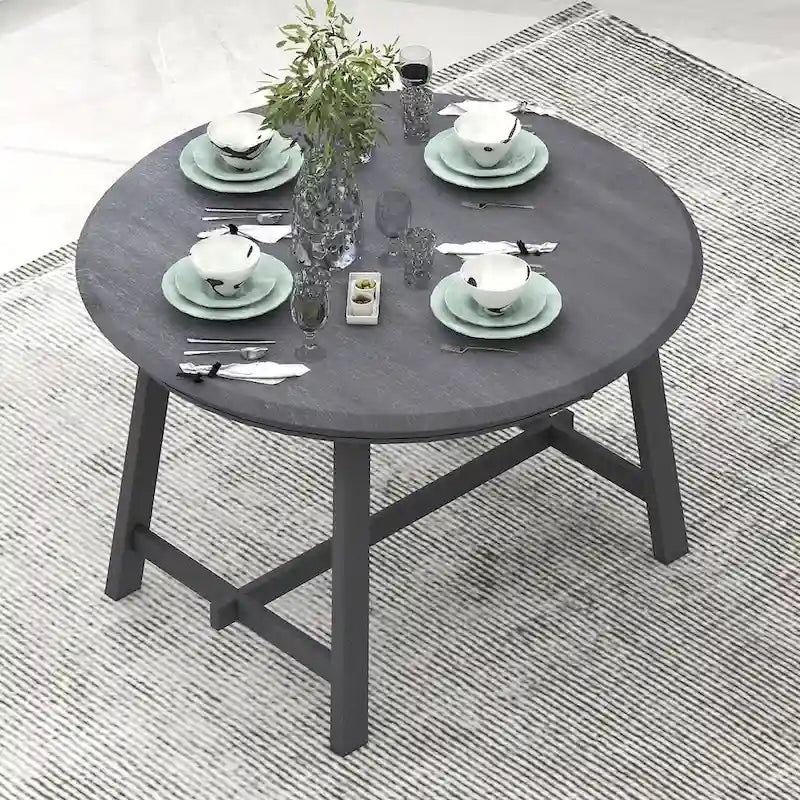Mesa de comedor redonda extensible, acabado lavado gris/madera natural, estilo rústico moderno, capacidad para 4 personas