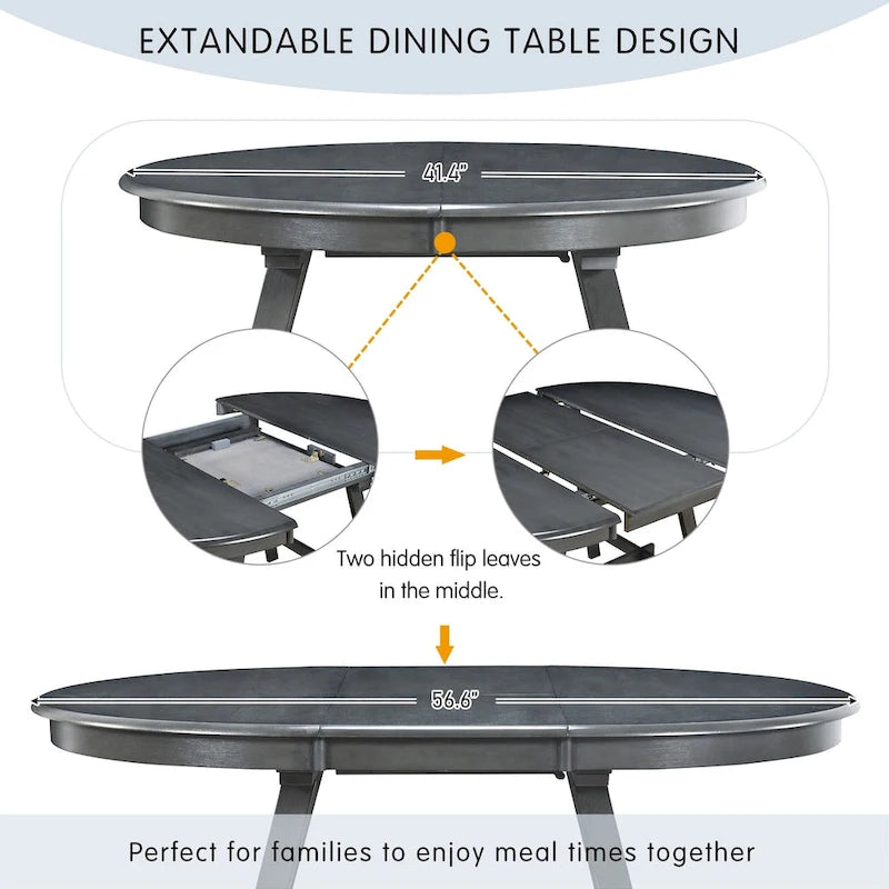 Mesa de comedor redonda extensible, acabado lavado gris/madera natural, estilo rústico moderno, capacidad para 4 personas