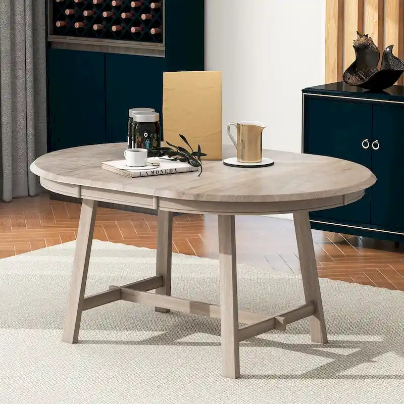 Mesa de comedor redonda extensible, acabado lavado gris/madera natural, estilo rústico moderno, capacidad para 4 personas