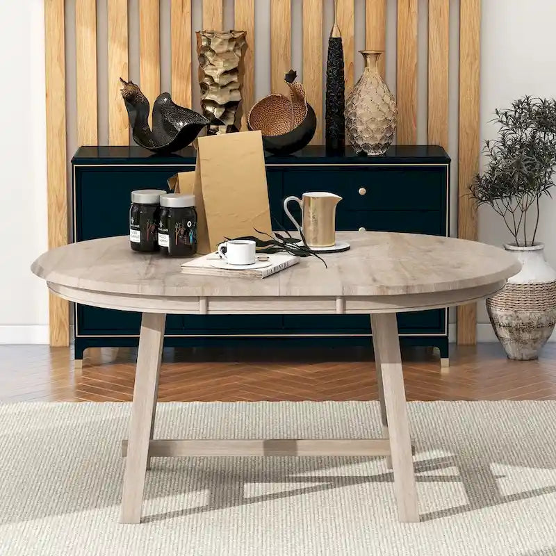 Mesa de comedor redonda extensible, acabado lavado gris/madera natural, estilo rústico moderno, capacidad para 4 personas