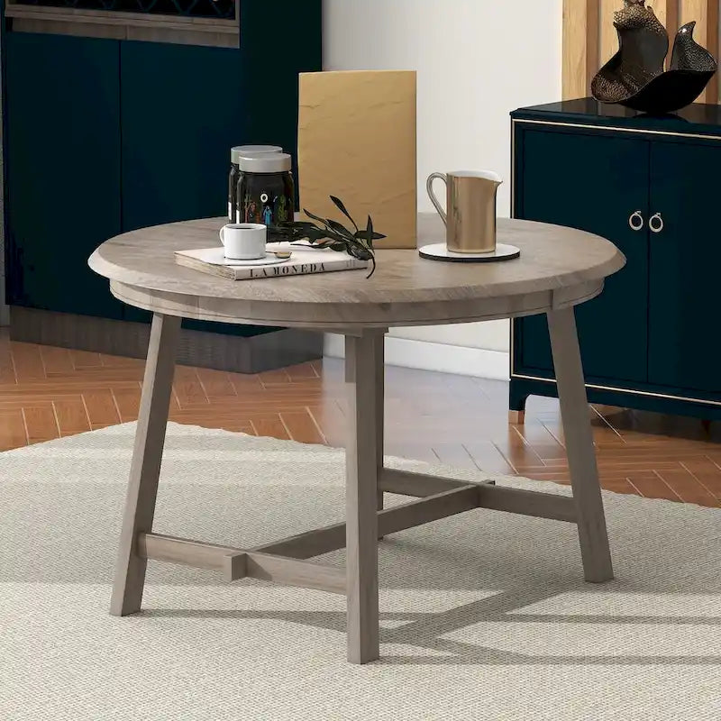 Mesa de comedor redonda extensible, acabado lavado gris/madera natural, estilo rústico moderno, capacidad para 4 personas