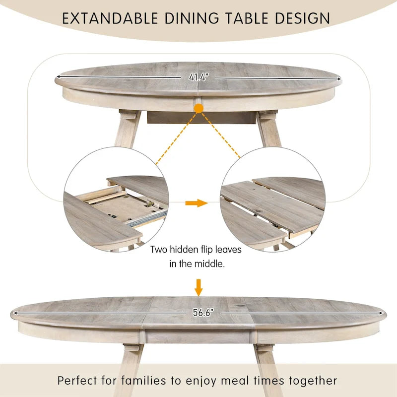 Mesa de comedor redonda extensible, acabado lavado gris/madera natural, estilo rústico moderno, capacidad para 4 personas