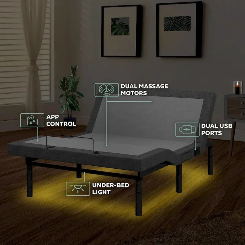Base de cama ajustable gris con colchón híbrido de 14 pulgadas, 1–2 personas
