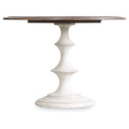 Mesa de comedor redonda estilo rústico, color blanco crema envejecido, capacidad para 2-4 personas