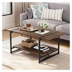 Mesa de centro industrial de 2 niveles con estante de almacenamiento, nogal negro/gris/roble oscuro