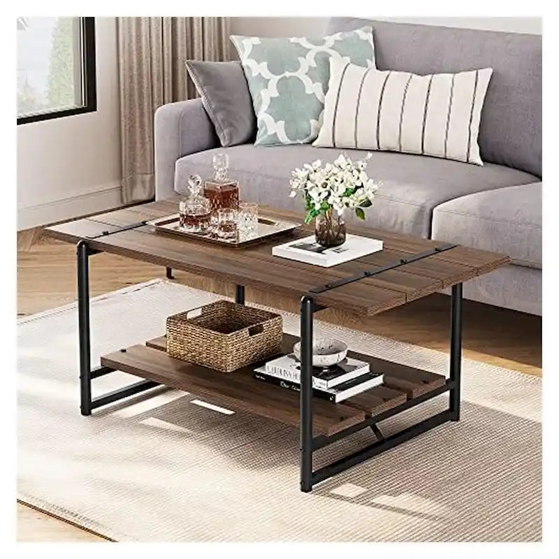 Mesa de centro industrial de 2 niveles con estante de almacenamiento, nogal negro/gris/roble oscuro