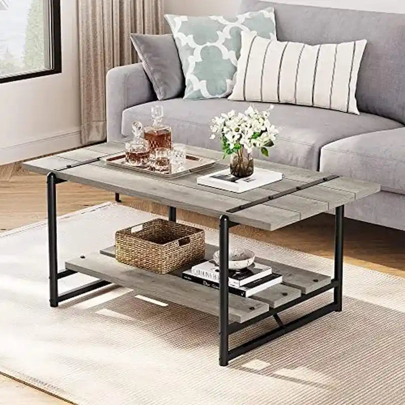 Mesa de centro industrial de 2 niveles con estante de almacenamiento, nogal negro/gris/roble oscuro