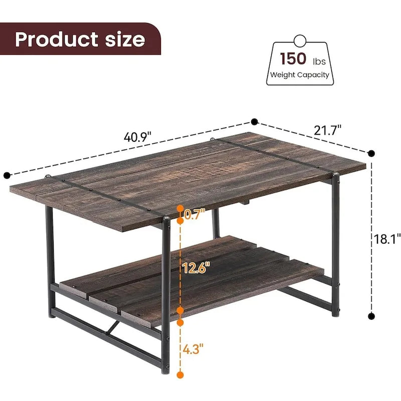 Mesa de centro industrial de 2 niveles con estante de almacenamiento, nogal negro/gris/roble oscuro