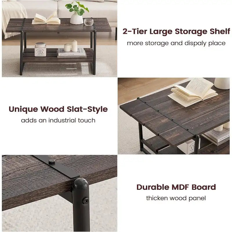 Mesa de centro industrial de 2 niveles con estante de almacenamiento, nogal negro/gris/roble oscuro
