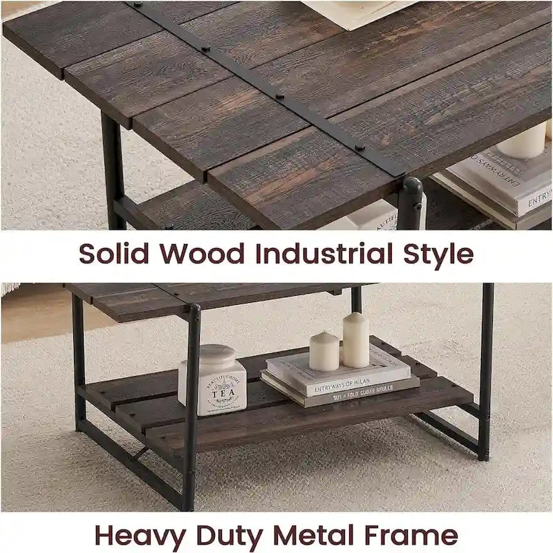 Mesa de centro industrial de 2 niveles con estante de almacenamiento, nogal negro/gris/roble oscuro