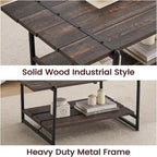 Mesa de centro industrial de 2 niveles con estante de almacenamiento, nogal negro/gris/roble oscuro