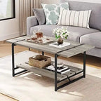 Mesa de centro industrial de 2 niveles con estante de almacenamiento, nogal negro/gris/roble oscuro
