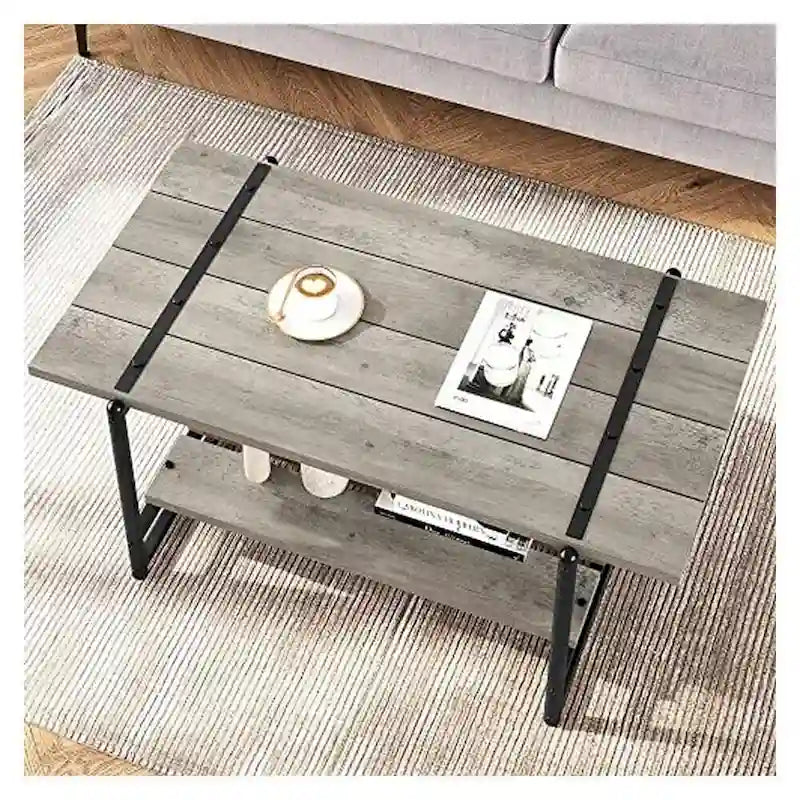 Mesa de centro industrial de 2 niveles con estante de almacenamiento, nogal negro/gris/roble oscuro