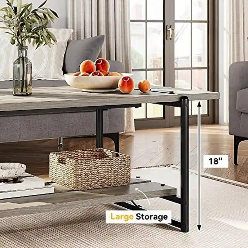 Mesa de centro industrial de 2 niveles con estante de almacenamiento, nogal negro/gris/roble oscuro