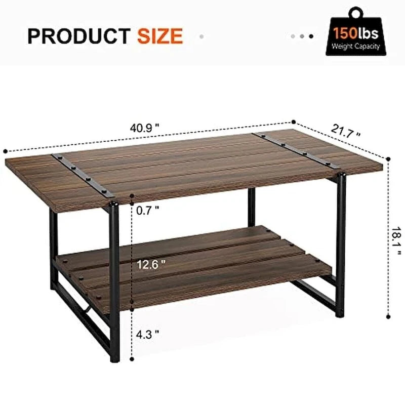 Mesa de centro industrial de 2 niveles con estante de almacenamiento, nogal negro/gris/roble oscuro