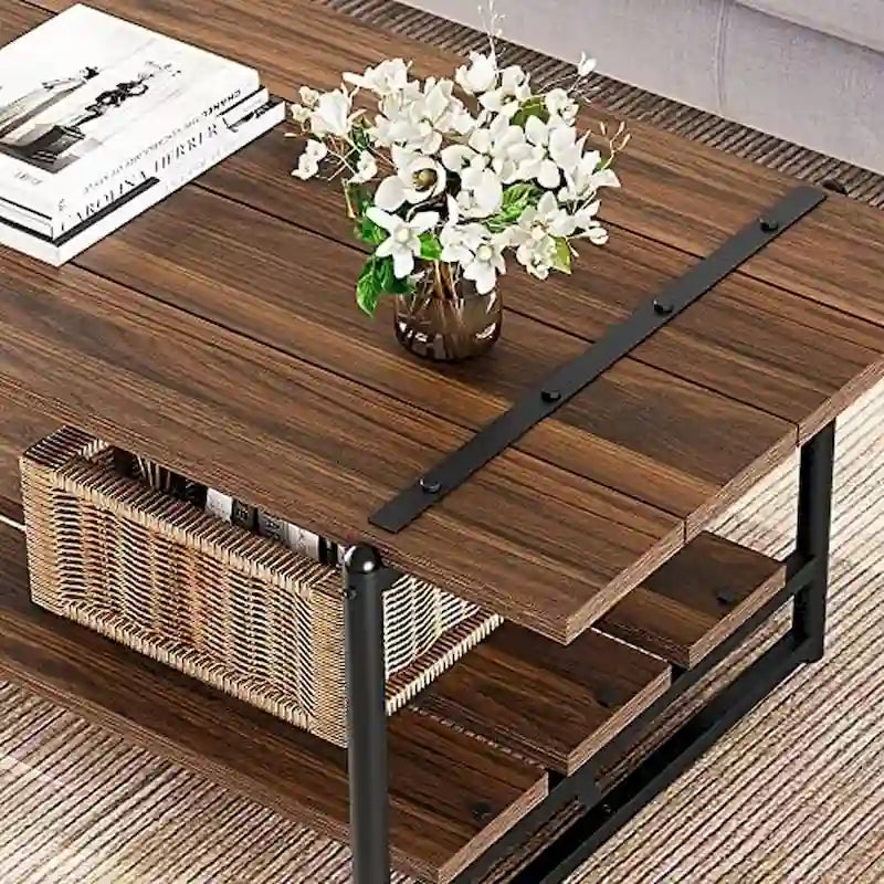 Mesa de centro industrial de 2 niveles con estante de almacenamiento, nogal negro/gris/roble oscuro