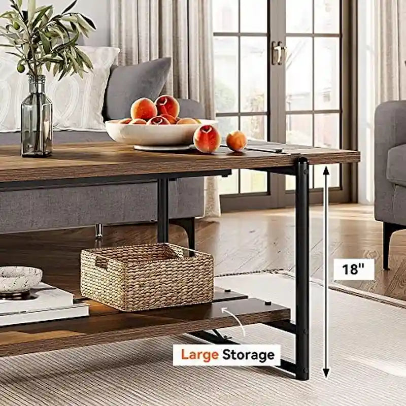 Mesa de centro industrial de 2 niveles con estante de almacenamiento, nogal negro/gris/roble oscuro