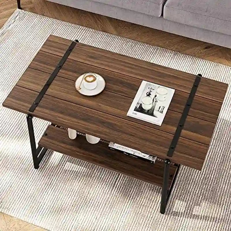 Mesa de centro industrial de 2 niveles con estante de almacenamiento, nogal negro/gris/roble oscuro